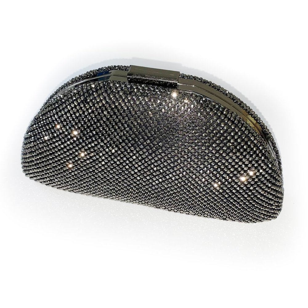 Estee & Lilly Sparkling Black & Silver Metal Half-Moon Clutch (Opt. Crossbody)